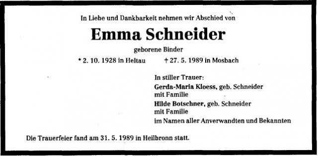 Binder Emma 1928-1989 Todesanzeige